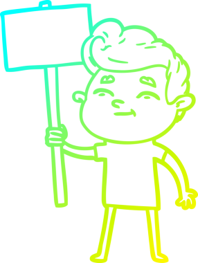 Bir insan tarafından çizilmiş tabelalı mutlu bir çizgi film adamı çizimi.