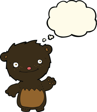 Bir insan tarafından çizilmiş düşünce baloncuğu ile siyah ayı yavrusunu sallayan çizgi film.