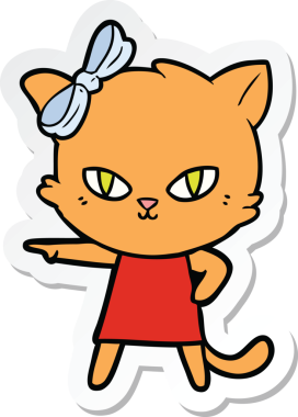 Bir insan tarafından çizilmiş elbise giyen sevimli bir çizgi film kedisinin çıkartması.