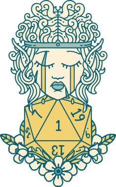 Retro Dövme Tarzı Ağlayan Elf Barbar Karakteri Bir insan tarafından çizilmiş doğal bir D20 rulosu