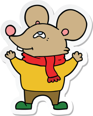 Bir insan tarafından çizilmiş eşarp takan çizgi film faresinin çıkartması.