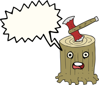 Bir insan tarafından çizilmiş serbest konuşma balonu ağaç kütüğü ve balta.