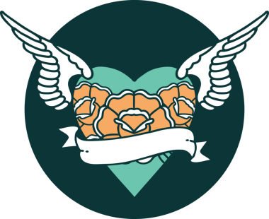 Kanatlı, çiçek ve bir insan tarafından çizilmiş bir kalbin ikonik dövme görüntüsü.