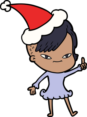 Hipster saç kesimi olan, Noel Baba şapkası takan bir kızın çizdiği el çizimi.