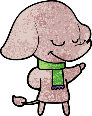 Bir insan tarafından çizilmiş eşarp takan gülümseyen bir fil.