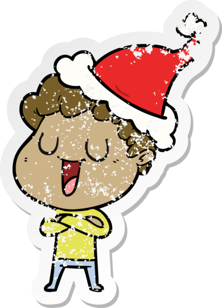 Gülen el, bir insan tarafından çizilmiş Noel Baba şapkası giymiş bir adamın kederli çıkartmasını çizdi.