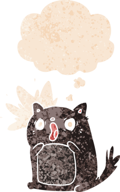 Homurdanan düşünce baloncuklu karikatür şoklu kedi bir insan tarafından çizilmiş dertli retro desen tarzı