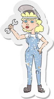 Bir insan tarafından çizilmiş anahtarı olan karikatür bir kadının gerilimli retro yapıştırması.