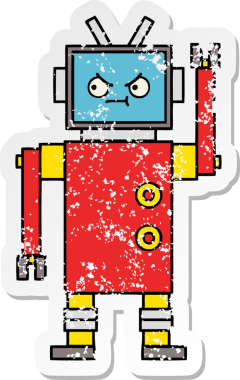 Bir insan tarafından çizilmiş sevimli bir robot çizgi film çıkartması.