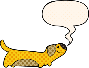Bir insan tarafından çizilmiş çizgi roman tarzında konuşma balonu olan çizgi film köpeği.