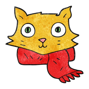 Bir insan tarafından çizilmiş eşarp takan el yapımı çizgi film kedisi.