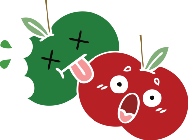 Bir insan tarafından çizilmiş sulu bir elmanın düz renkli retro karikatürü