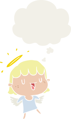 Düşünce baloncuğu olan karikatür meleği insan tarafından çizilmiş.