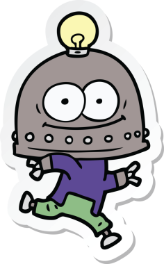 Bir insan tarafından çizilmiş mutlu bir karton robotun çıkartması.