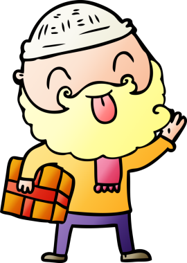 Sakallı bir adam bir insan tarafından çizilmiş Noel hediyesini taşıyor.