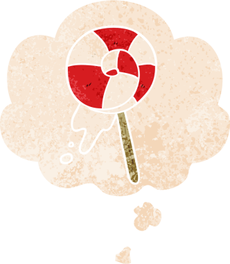 Düşünce baloncuklu çizgi film lolipopu grunge sıkıntılı retro desenli bir insan tarafından çizilmiş