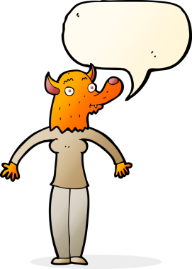 Bir insan tarafından çizilmiş konuşma balonlu tilki kadın.