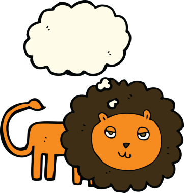 Bir insan tarafından çizilmiş düşünce baloncuklu çizgi film aslanı.