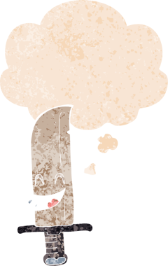 Düşünce baloncuğu ve grunge ile çizgi film gülen bıçak bir insan tarafından çizilmiş tedirgin geçmiş dokuma tarzı