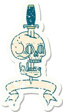 Bir insan tarafından çizilmiş kafatasının pankartıyla eski bir etiket.