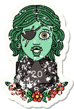 Bir insan tarafından çizilmiş doğal 20 zarlı yarım ork serserisinin grunge sticker 'ı.