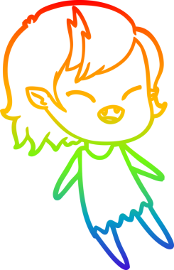 Gökkuşağı gradyan çizgi çizimi bir insan tarafından çizilmiş gülen vampir kız çizgi filmi.