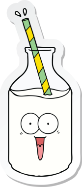 Bir insan tarafından çizilmiş mutlu bir süt şişesinin etiketi.