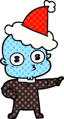 Bir insan tarafından çizilmiş Noel Baba şapkası giyen tuhaf kel bir uzaylının el çizimi çizgi roman tarzı çizimi.