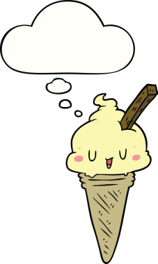 Bir insan tarafından çizilmiş düşünce baloncuklu tatlı çizgi film dondurması.