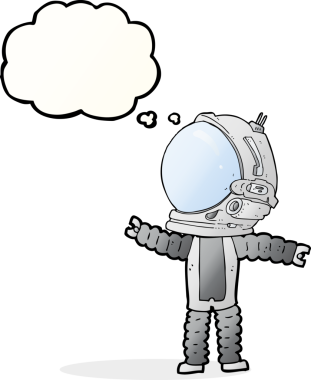 Bir insan tarafından çizilmiş düşünce baloncuklu astronot.