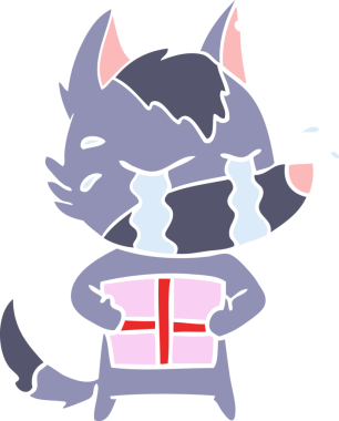 Düz renkli karikatür. Ağlayan kurt. Bir insan tarafından çizilmiş Noel hediyesi.