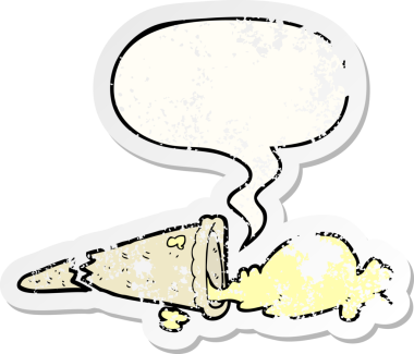 Karikatür, bir insan tarafından çizilmiş sıkıntılı eski bir çıkartma ile konuşma balonlu dondurma düşürdü.