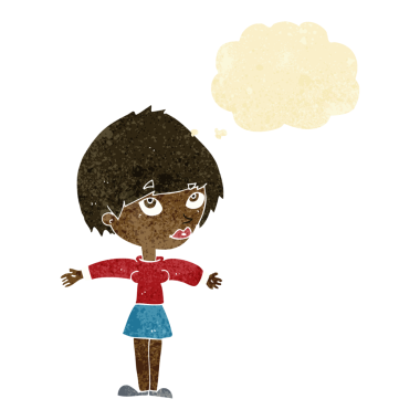 Bir insan tarafından çizilmiş düşünce balonlu açık kollu çizgi film kadını.