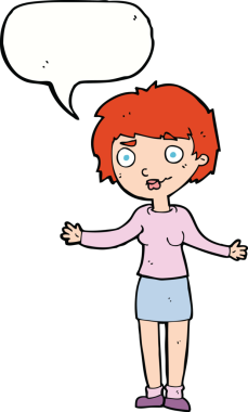 Bir insan tarafından çizilmiş konuşma balonu olan kafası karışık bir kadın çizgi filmi.