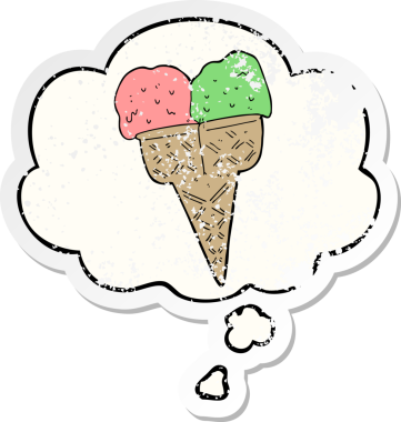 Düşünce baloncuklu çizgi film dondurması insan tarafından çizilmiş yıpranmış bir çıkartma gibi.