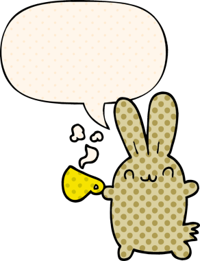 Sevimli çizgi film tavşanı, bir insan tarafından çizilmiş çizgi roman tarzında konuşma baloncuğu ile kahve içiyor.