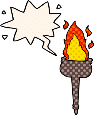 Bir insan tarafından çizilmiş çizgi roman tarzında konuşma baloncuğu olan alevli bir kadeh.