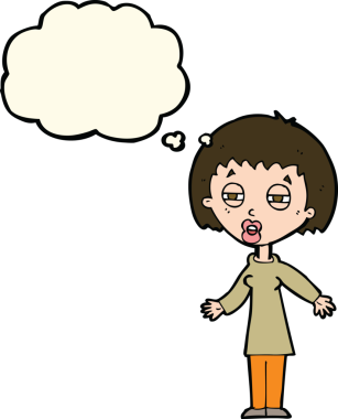 Bir insan tarafından çizilmiş düşünce baloncuğu olan yorgun bir kadın.