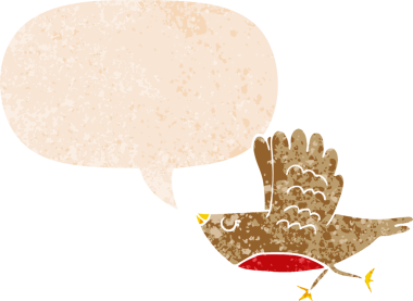 grunge 'da konuşma baloncuğu olan karikatür kuşu bir insan tarafından çizilmiş dertli retro tarzı