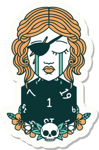 Ağlayan bir insan hırsızının çıkartması. Bir insan tarafından çizilmiş doğal bir D20 rulosu.