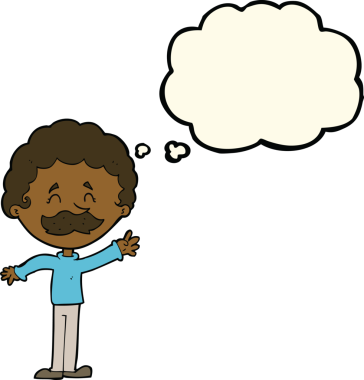 Bir insan tarafından çizilmiş düşünce baloncuğuyla bıyıklı çizgi film adamı.