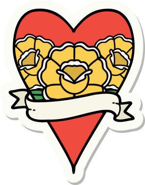 Geleneksel kalp stili dövme çıkartması ve bir insan tarafından çizilmiş çiçekli pankart.