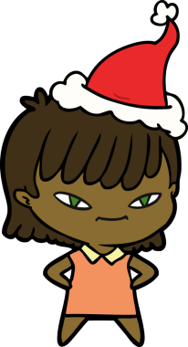 Bir insan tarafından çizilmiş Noel Baba şapkası giyen bir kadının el çizimi.