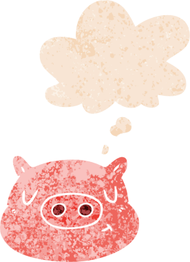 Düşünce baloncuklu çizgi film domuz suratlı grunge sıkıntılı retro desenli bir insan tarafından çizilmiş