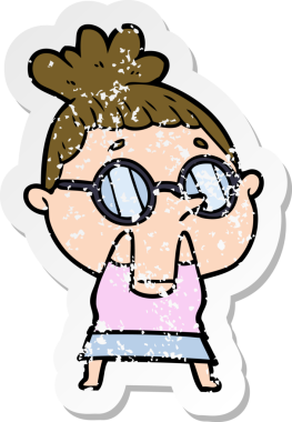 Bir insan tarafından çizilmiş gözlük takan karikatürlü bir kadının sıkıntılı çıkartması.