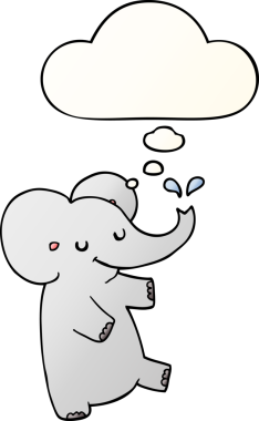 Düşünce baloncuğu olan dans eden çizgi film fili bir insan tarafından çizildi.