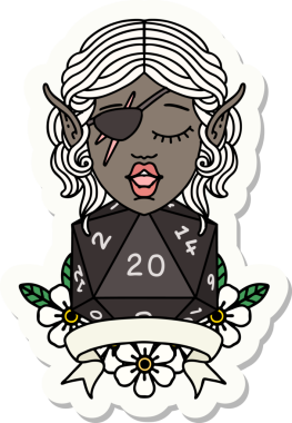 Bir insan tarafından çizilmiş doğal yirmi zarlı düzenbaz bir elf karakterinin çıkartması.