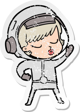 Bir karikatür çıkartması. Bir insan tarafından çizilmiş güzel astronot kız.