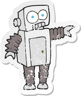 Bir insan tarafından çizilmiş karikatür robotunun gerilmiş yapıştırması.