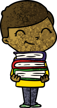 Bir insan tarafından çizilmiş kitapları olan çizgi film çocuğu.